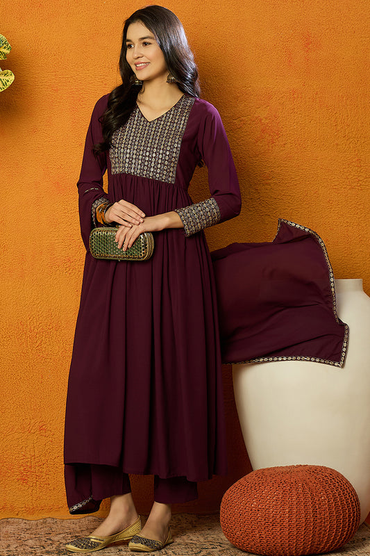 Burgundy Georgette Yoke Design Kurta Pant With Dupatta PKSKD1852