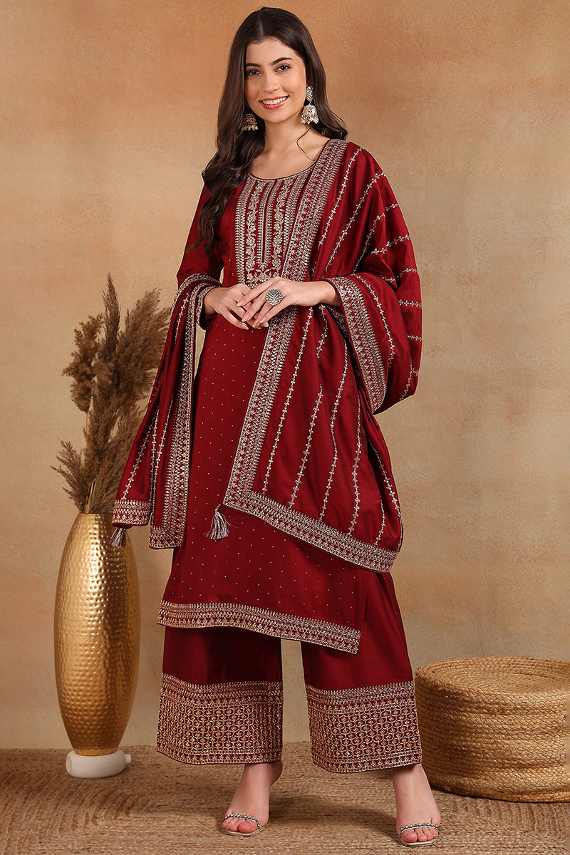 Maroon Silk Blend Straight Kurta Palazzo With Dupatta PKSKD1860