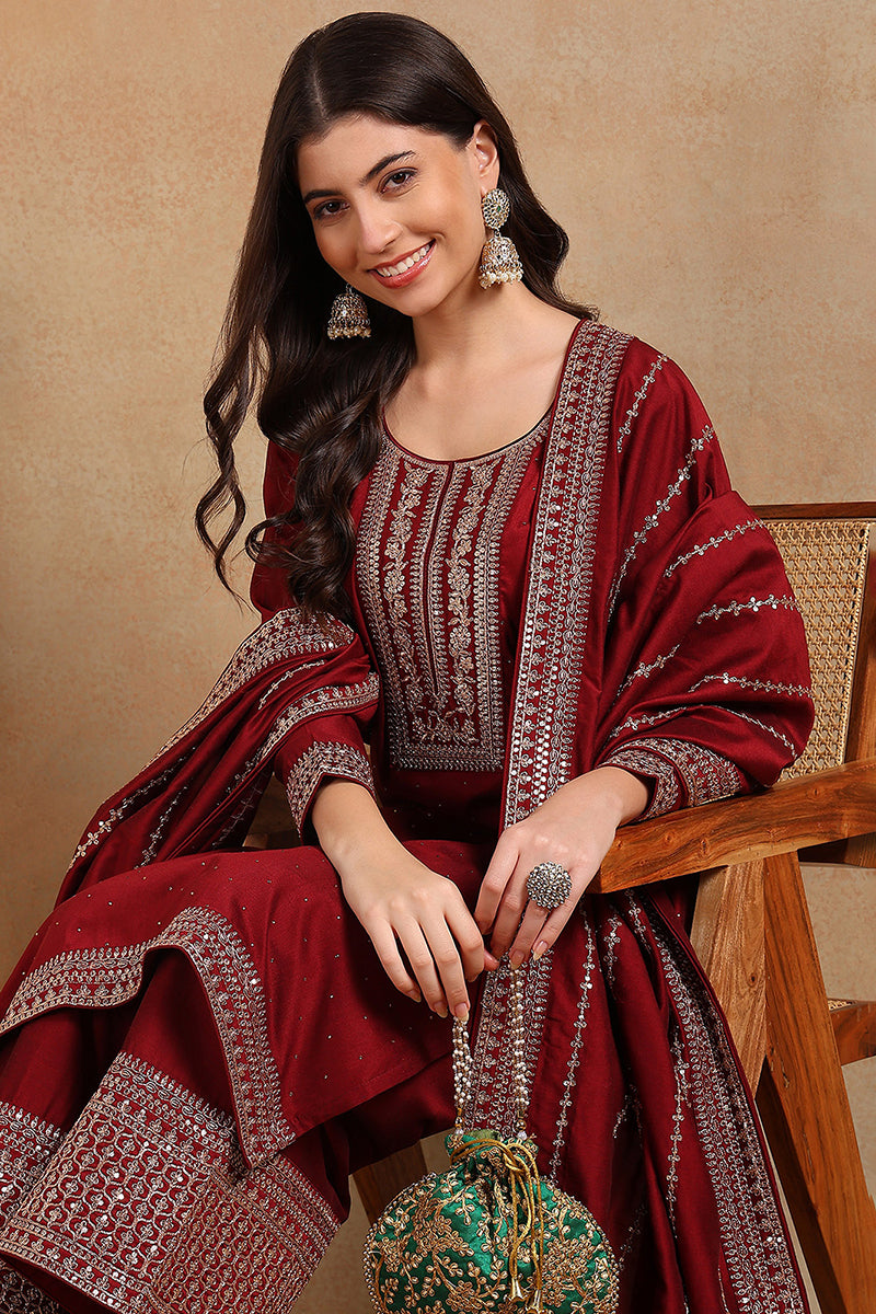 Maroon Silk Blend Straight Kurta Palazzo With Dupatta PKSKD1860