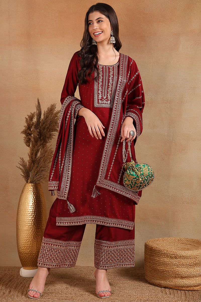 Maroon Silk Blend Straight Kurta Palazzo With Dupatta PKSKD1860