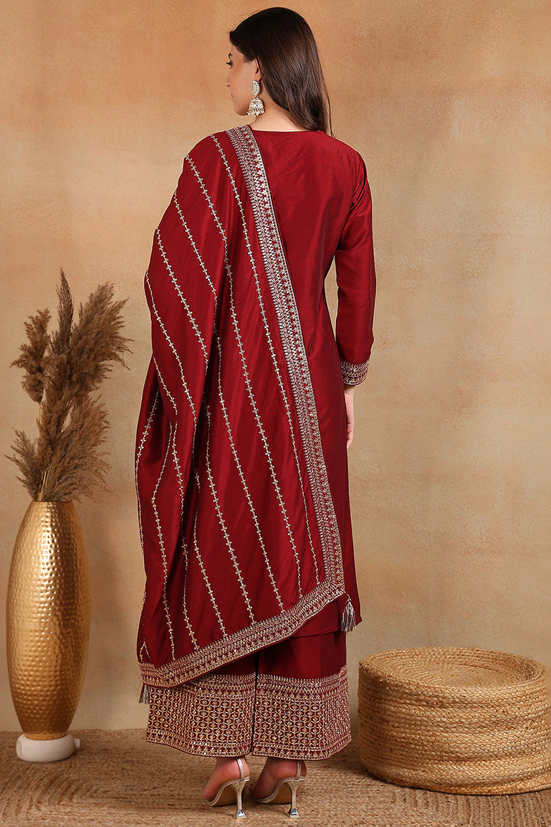 Maroon Silk Blend Straight Kurta Palazzo With Dupatta PKSKD1860