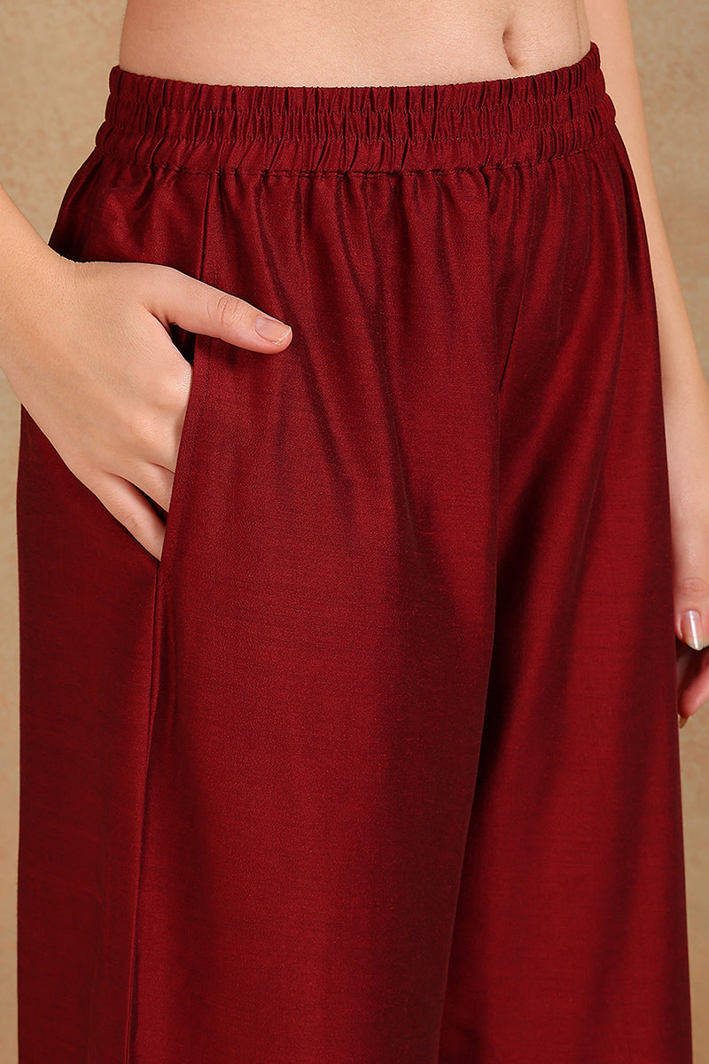 Maroon Silk Blend Straight Kurta Palazzo With Dupatta PKSKD1860