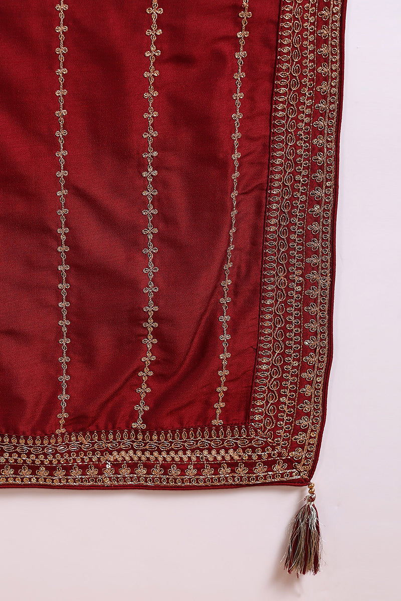 Maroon Silk Blend Straight Kurta Palazzo With Dupatta PKSKD1860