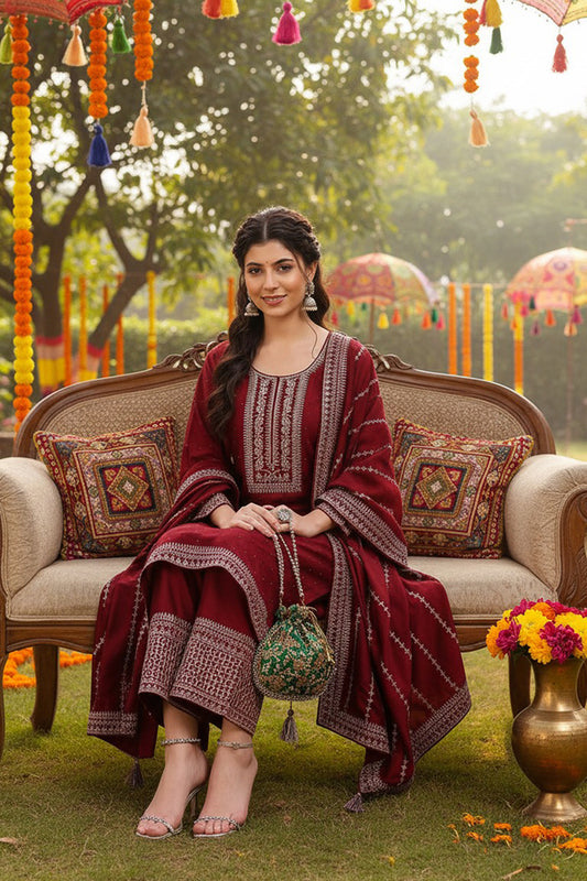 Maroon Silk Blend Straight Kurta Palazzo With Dupatta PKSKD1860
