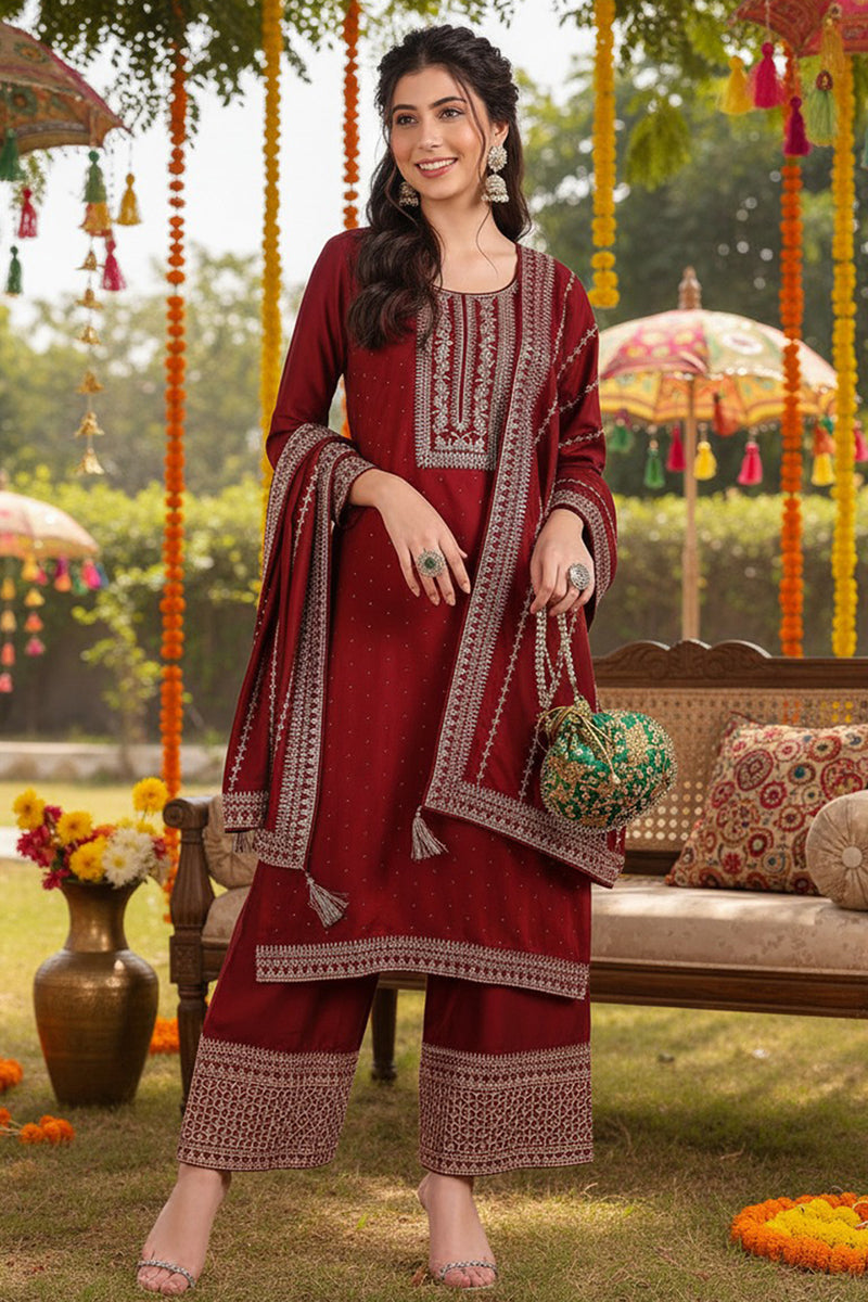 Maroon Silk Blend Straight Kurta Palazzo With Dupatta PKSKD1860