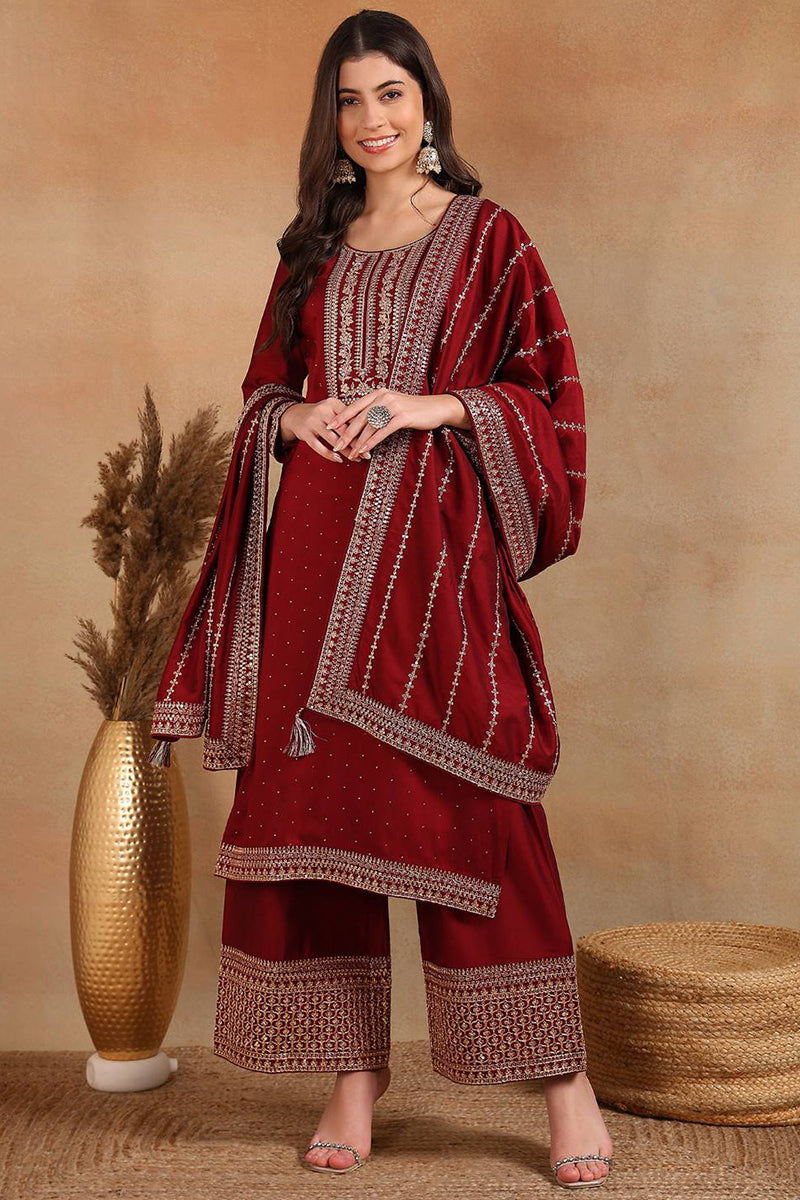 Maroon Silk Blend Straight Kurta Palazzo With Dupatta PKSKD1860