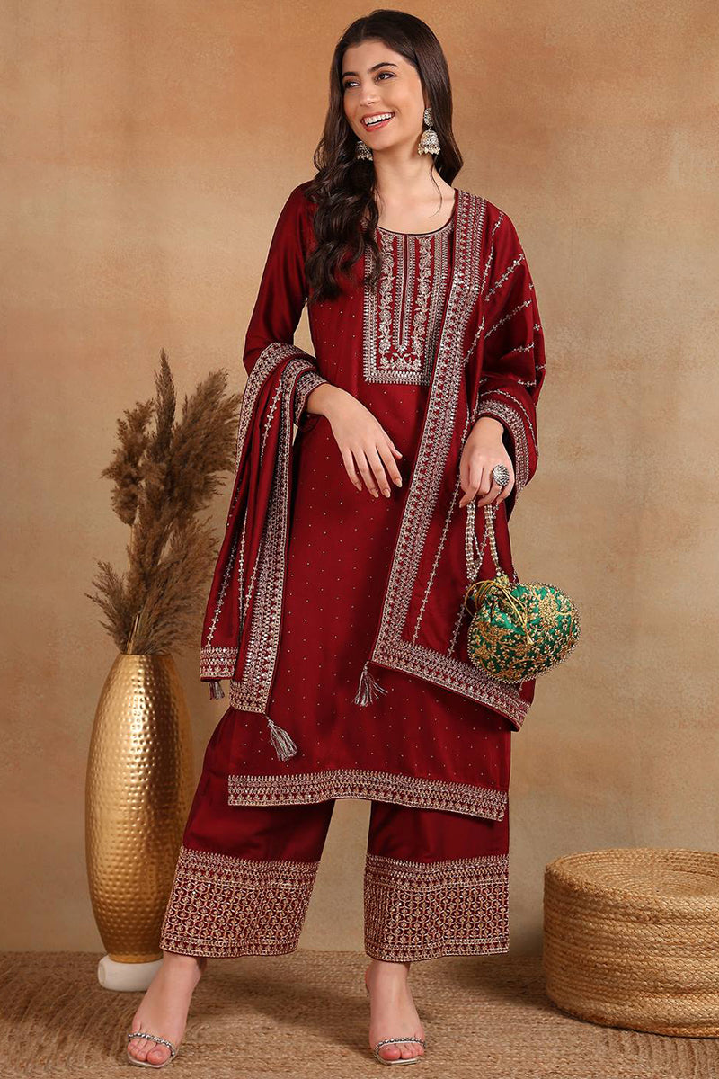 Maroon Silk Blend Straight Kurta Palazzo With Dupatta PKSKD1860