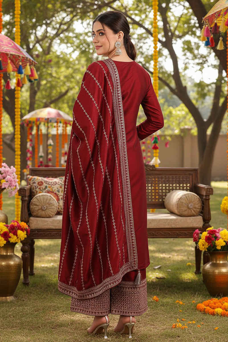 Maroon Silk Blend Straight Kurta Palazzo With Dupatta PKSKD1860