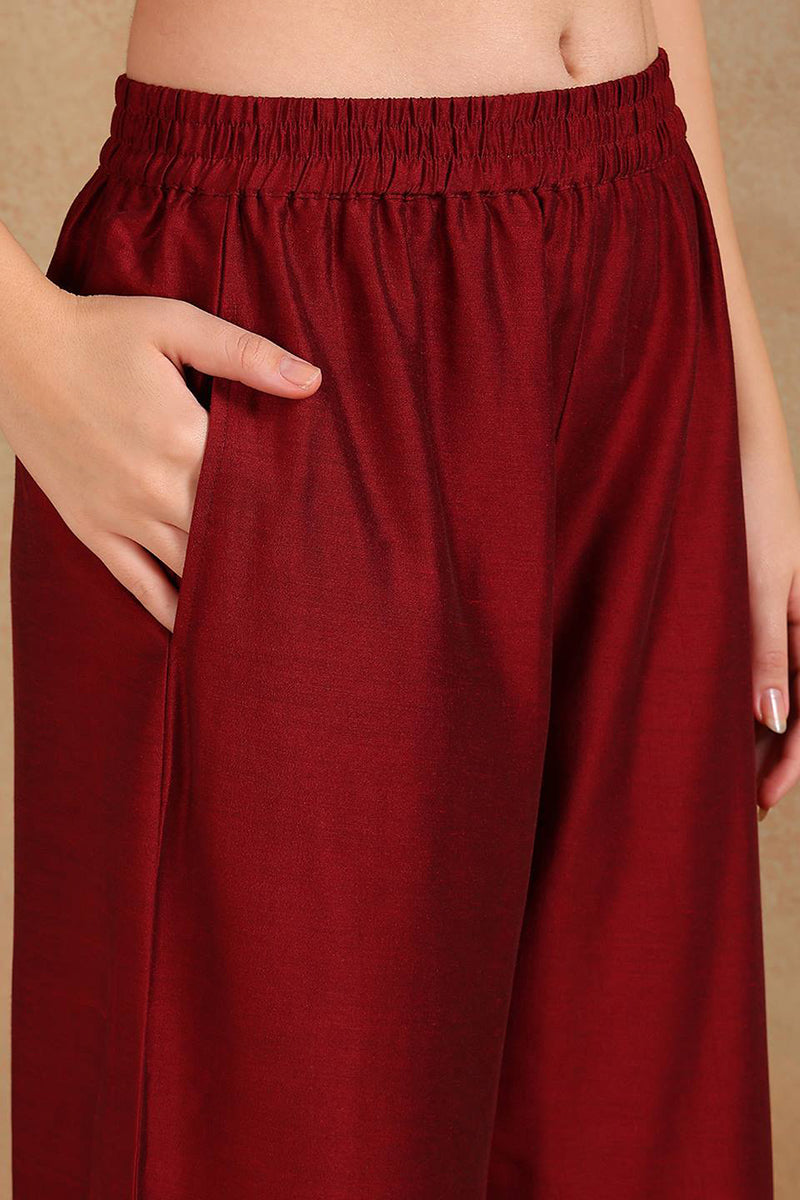 Maroon Silk Blend Straight Kurta Palazzo With Dupatta PKSKD1860