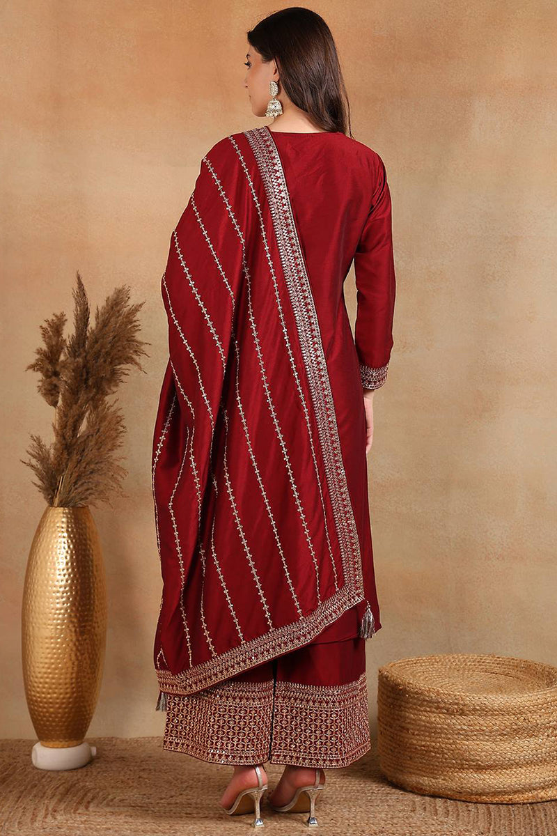 Maroon Silk Blend Straight Kurta Palazzo With Dupatta PKSKD1860