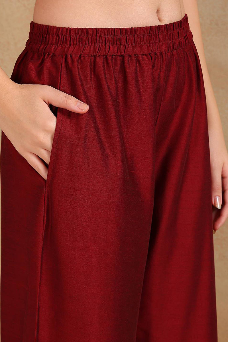 Maroon Silk Blend Straight Kurta Palazzo With Dupatta PKSKD1860