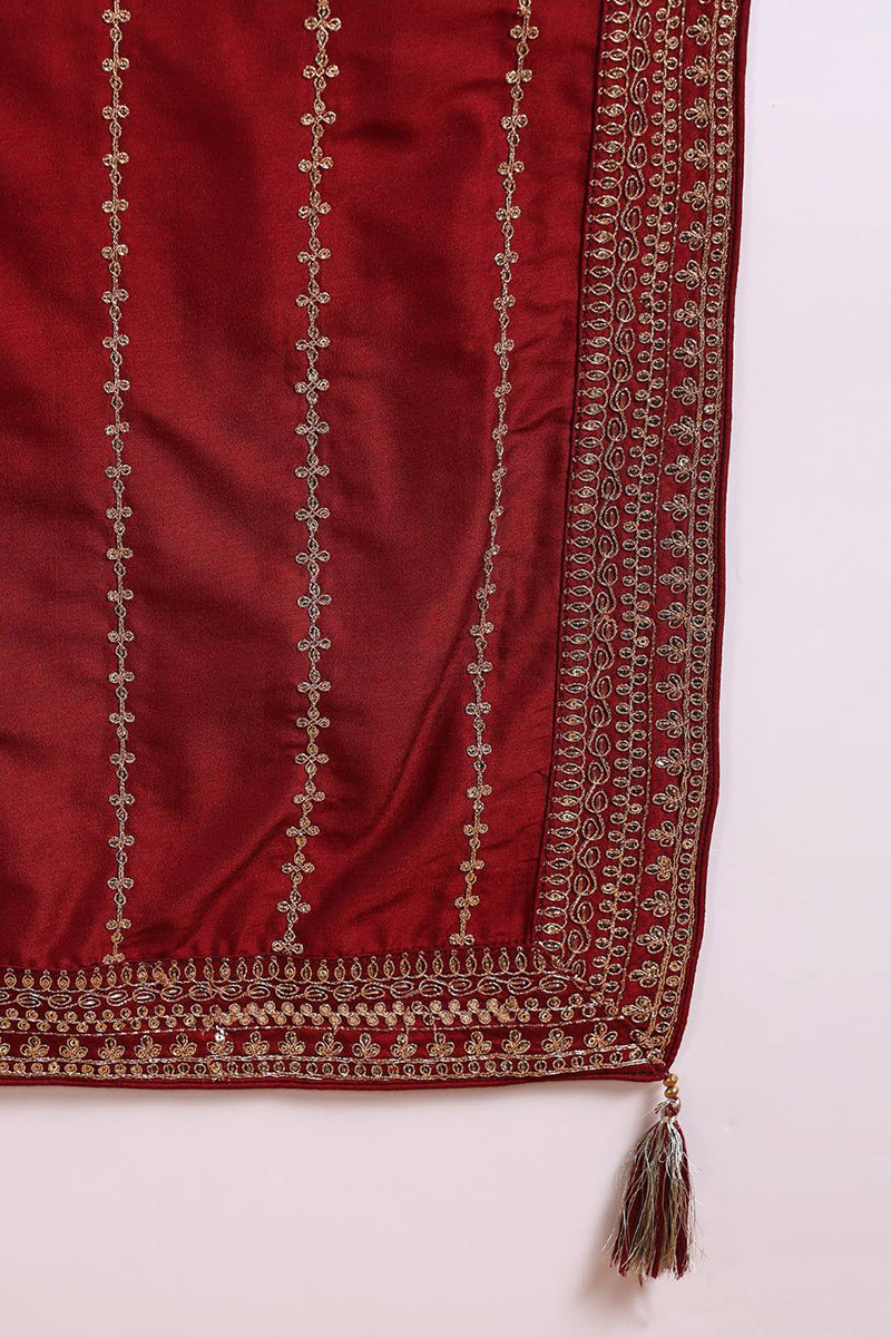 Maroon Silk Blend Straight Kurta Palazzo With Dupatta PKSKD1860