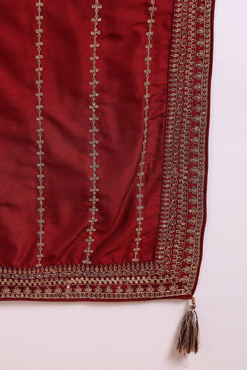 Maroon Silk Blend Straight Kurta Palazzo With Dupatta PKSKD1860