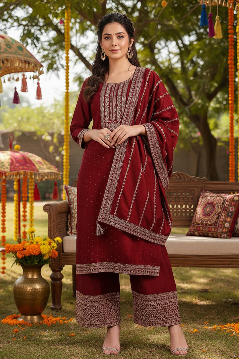 Maroon Silk Blend Straight Kurta Palazzo With Dupatta PKSKD1860