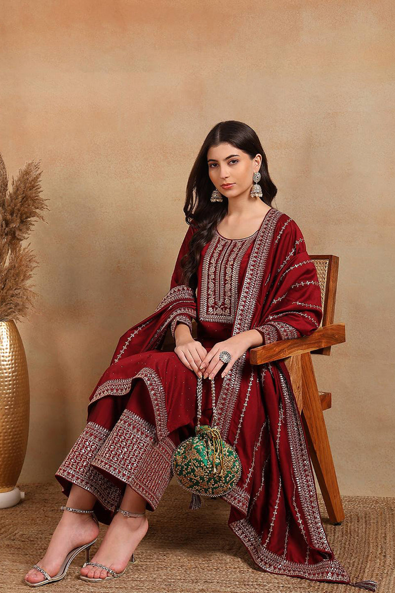 Maroon Silk Blend Straight Kurta Palazzo With Dupatta PKSKD1860