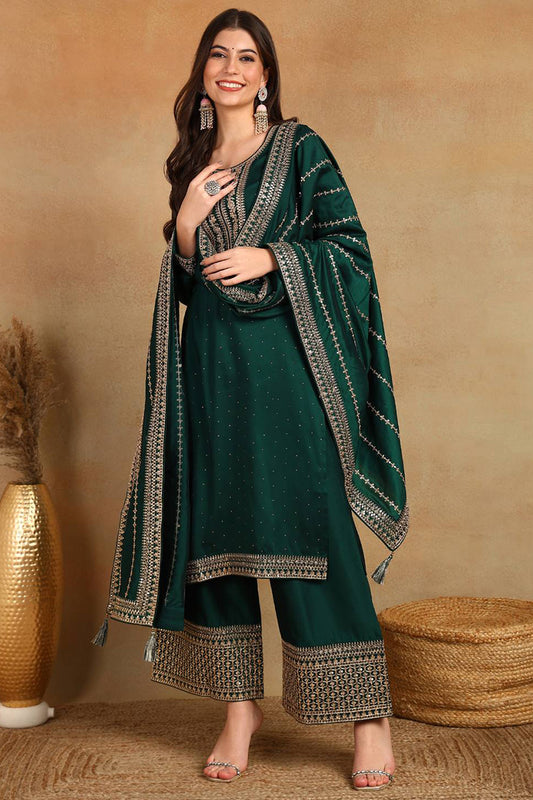 Green Silk Blend Straight Kurta Palazzo With Dupatta PKSKD1862