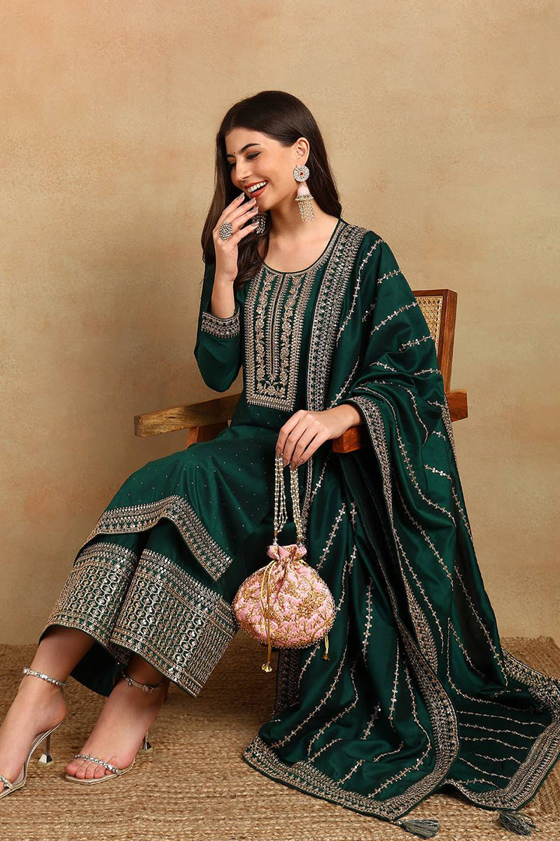 Green Silk Blend Straight Kurta Palazzo With Dupatta PKSKD1862