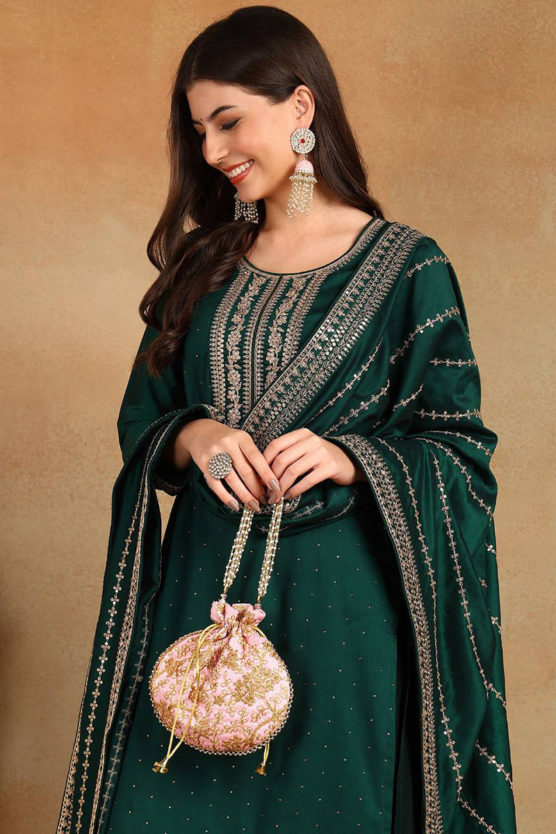 Green Silk Blend Straight Kurta Palazzo With Dupatta PKSKD1862