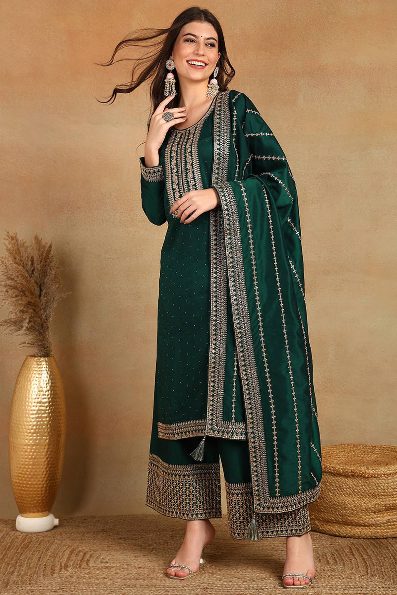 Green Silk Blend Straight Kurta Palazzo With Dupatta PKSKD1862