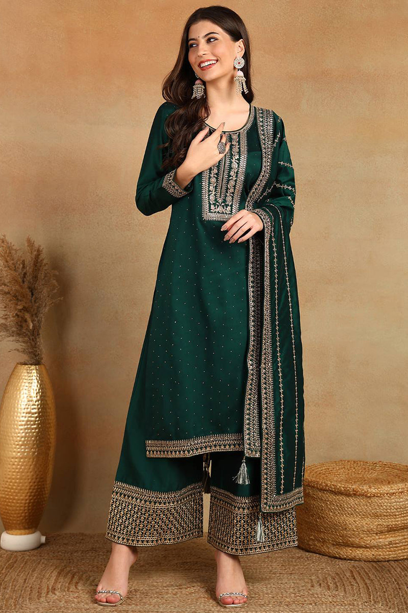 Green Silk Blend Straight Kurta Palazzo With Dupatta PKSKD1862