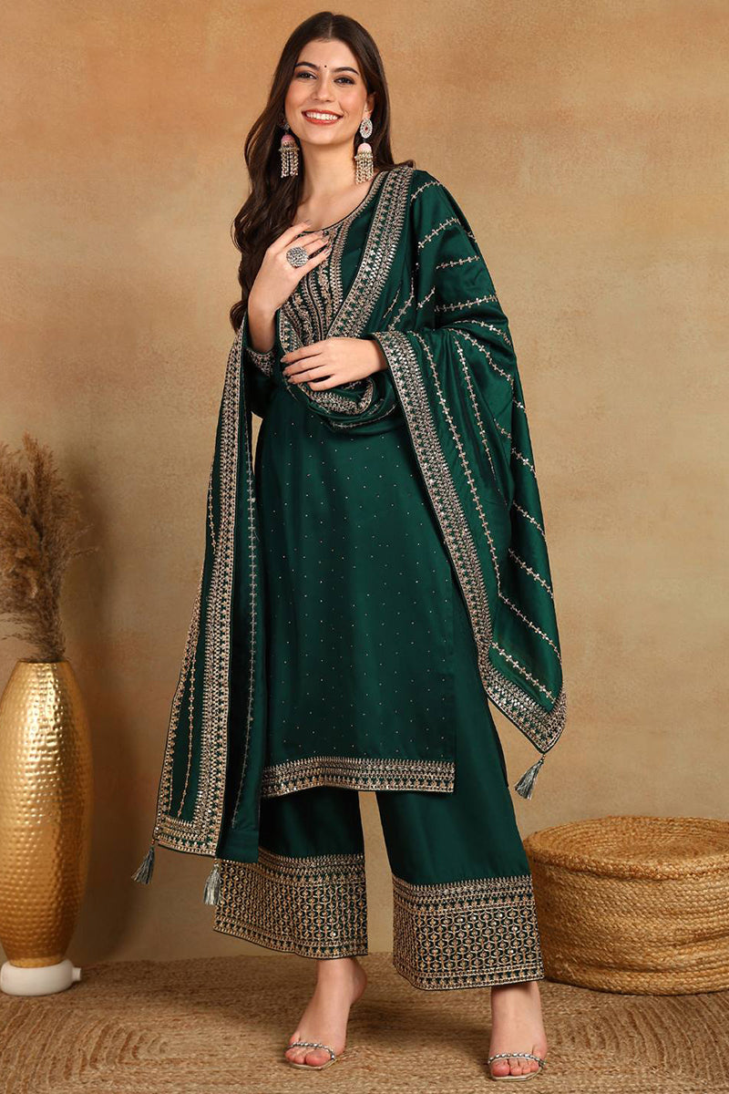 Green Silk Blend Straight Kurta Palazzo With Dupatta PKSKD1862