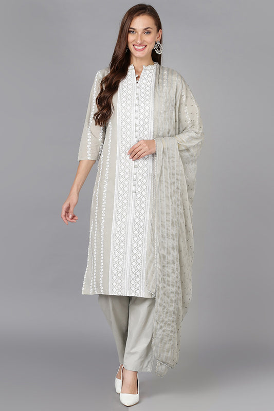 Grey & White Silk Blend Ethnic Motifs Straight Suit Set PKSKD1863
