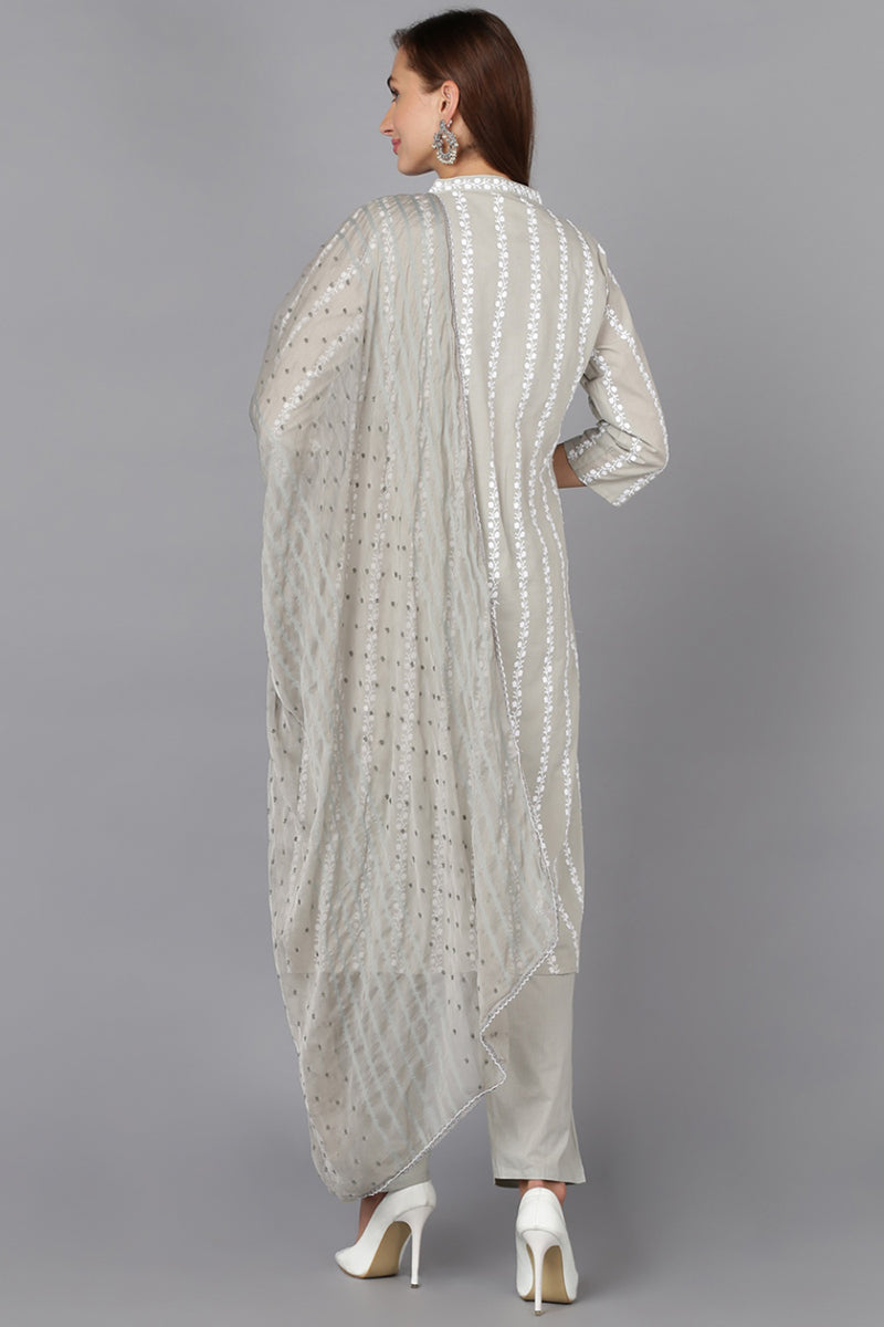 Grey & White Silk Blend Ethnic Motifs Straight Suit Set PKSKD1863