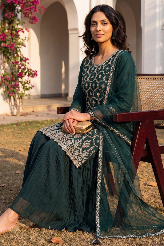 Green Silk Blend Embroidered Kurta Sharara With Dupatta PKSKD1865