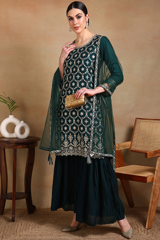 Green Silk Blend Embroidered Kurta Sharara With Dupatta PKSKD1865