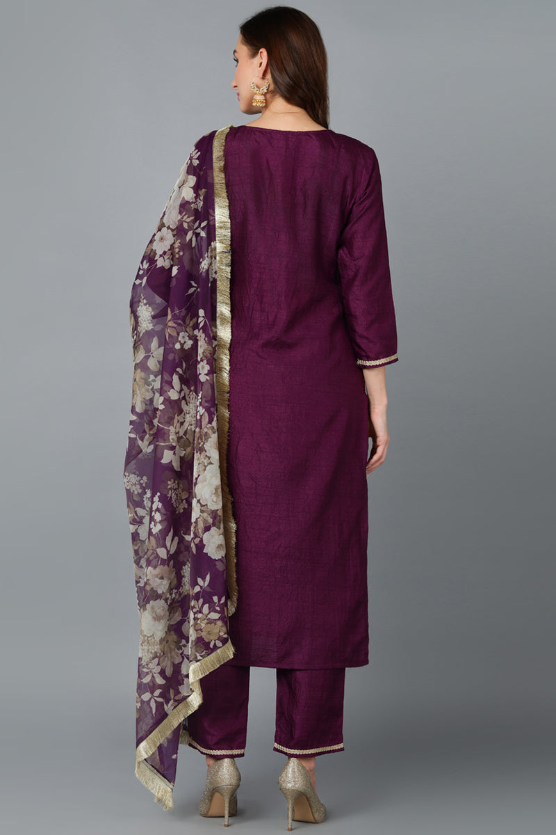 Purple Silk Blend Yoke Design Kurta Pant With Dupatta PKSKD1870