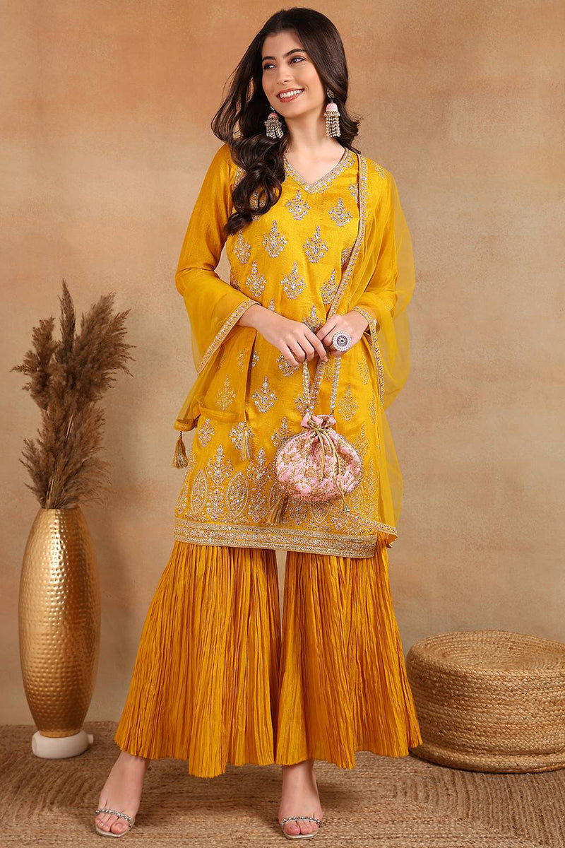 Mustard Silk Blend Straight Kurta Palazzo With Dupatta PKSKD1871