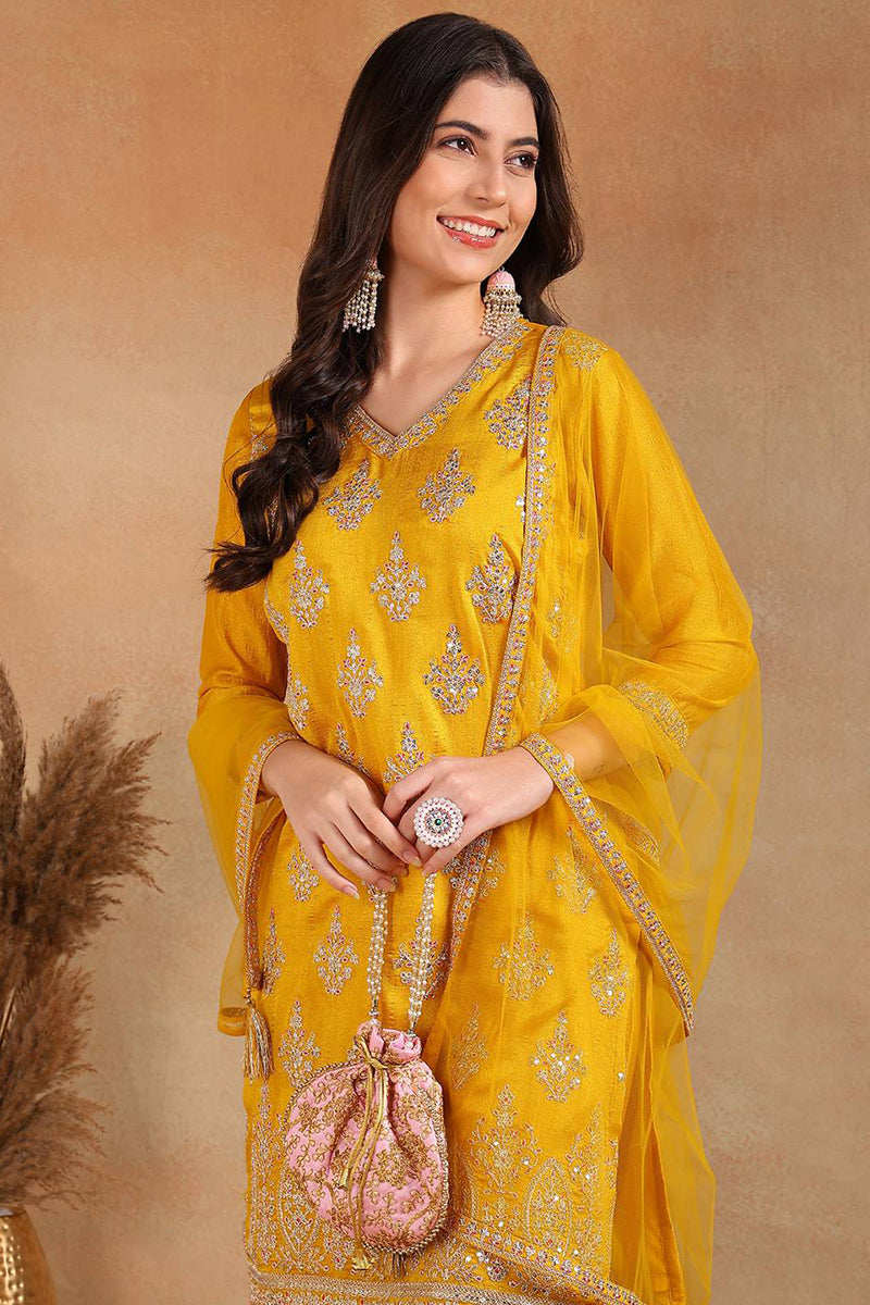 Mustard Silk Blend Straight Kurta Palazzo With Dupatta PKSKD1871