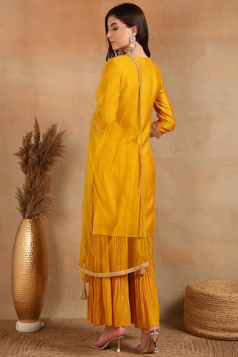 Mustard Silk Blend Straight Kurta Palazzo With Dupatta PKSKD1871