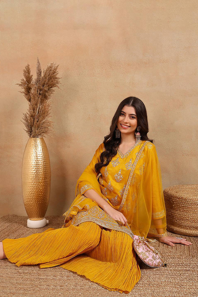 Mustard Silk Blend Straight Kurta Palazzo With Dupatta PKSKD1871