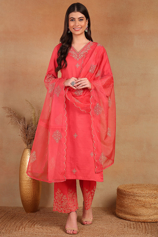 Pink Silk Blend Straight Kurta Palazzo With Dupatta PKSKD1872