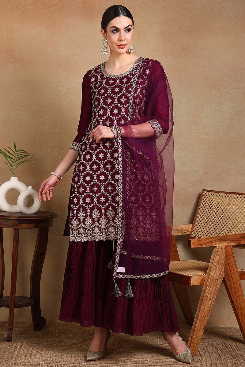 Silk Blend Purple Embroidered Straight Kurta Sharara With Dupatta PKSKD1873