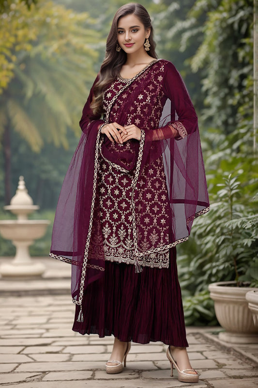 Silk Blend Purple Embroidered Straight Kurta Sharara With Dupatta PKSKD1873