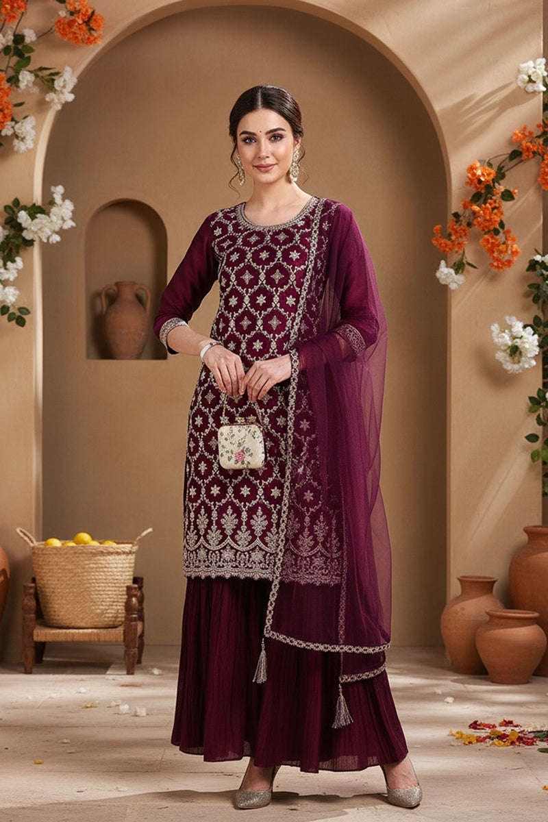Silk Blend Purple Embroidered Straight Kurta Sharara With Dupatta PKSKD1873