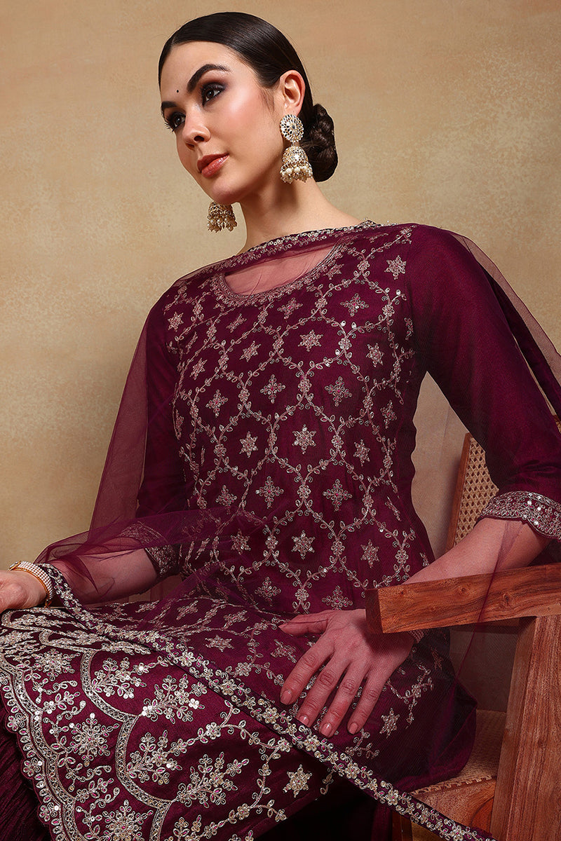 Silk Blend Purple Embroidered Straight Kurta Sharara With Dupatta PKSKD1873