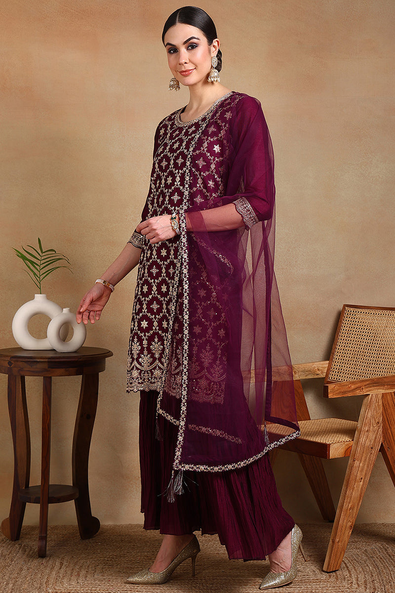 Silk Blend Purple Embroidered Straight Kurta Sharara With Dupatta PKSKD1873