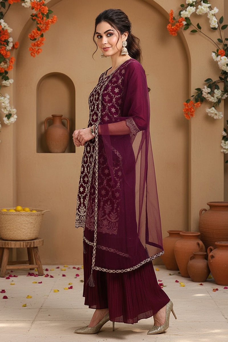 Silk Blend Purple Embroidered Straight Kurta Sharara With Dupatta PKSKD1873