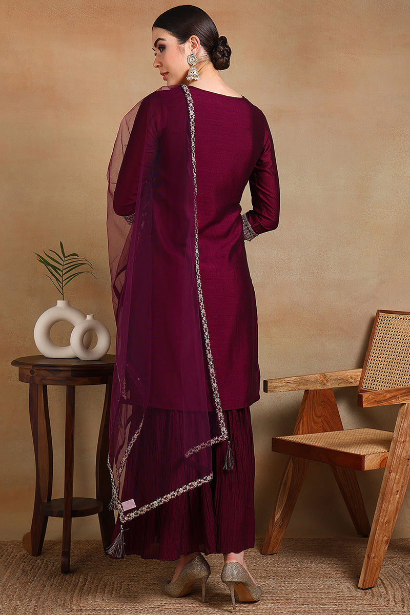 Silk Blend Purple Embroidered Straight Kurta Sharara With Dupatta PKSKD1873