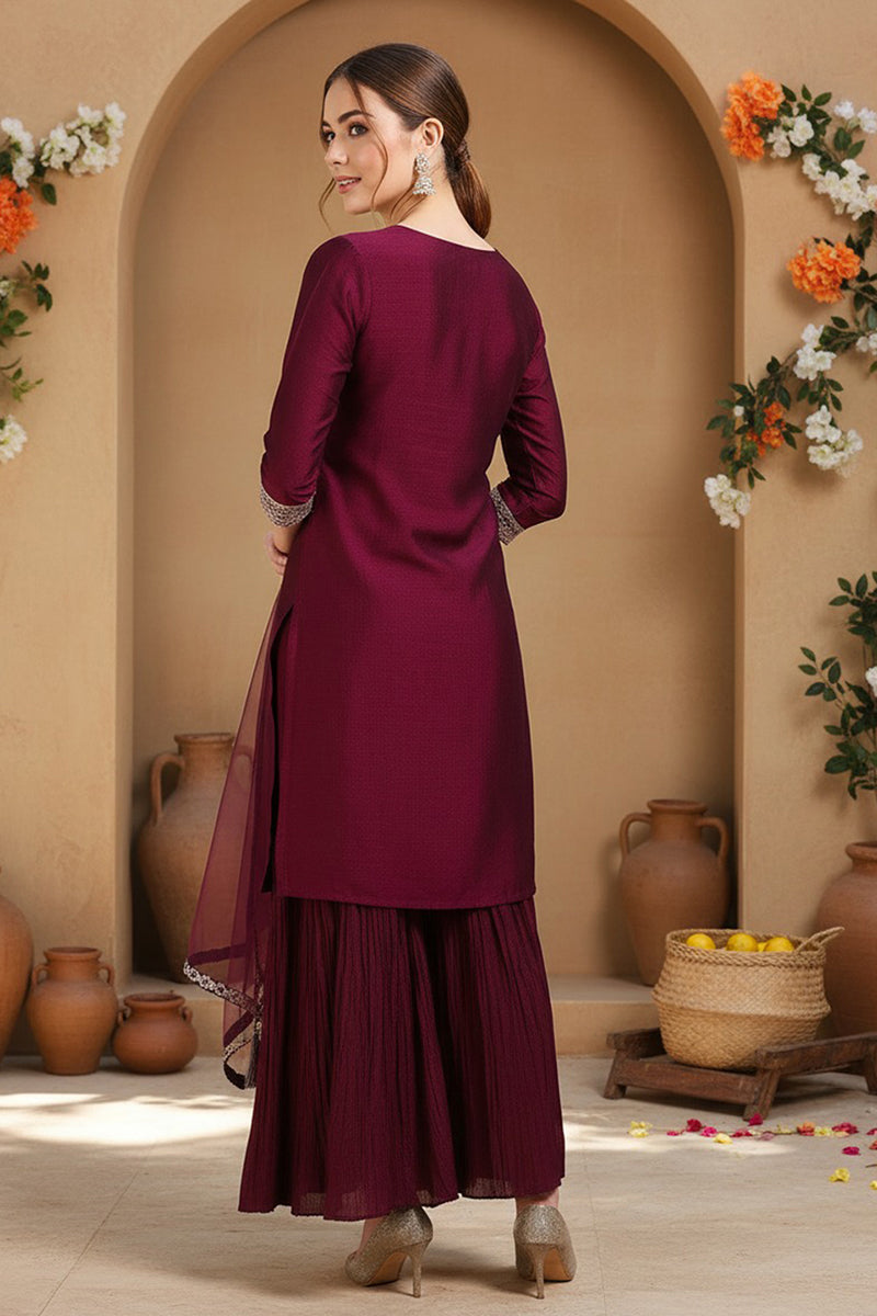 Silk Blend Purple Embroidered Straight Kurta Sharara With Dupatta PKSKD1873