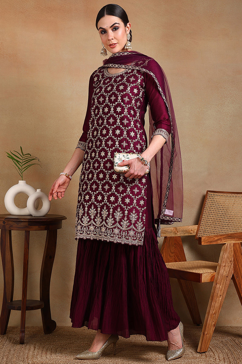 Silk Blend Purple Embroidered Straight Kurta Sharara With Dupatta PKSKD1873