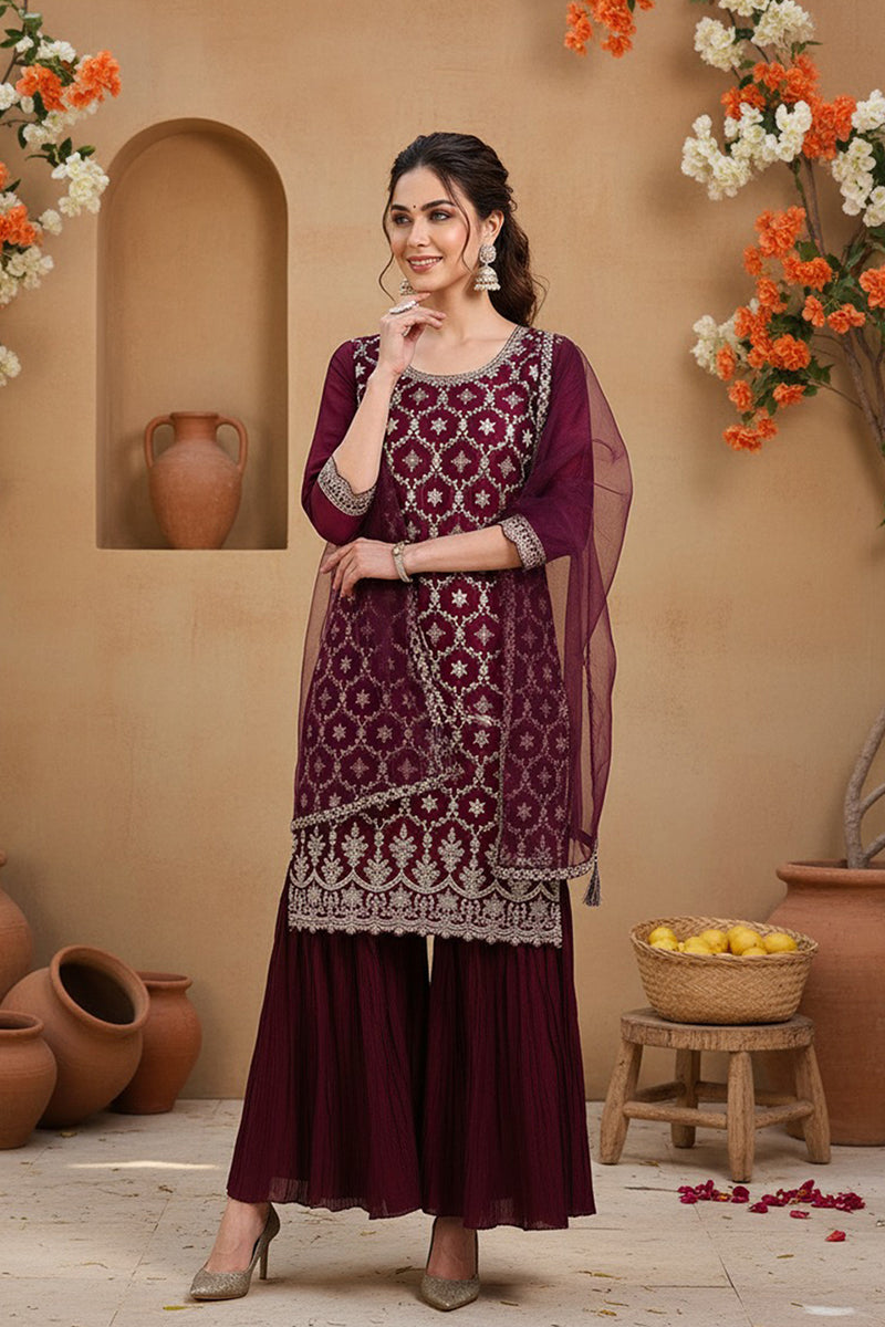 Silk Blend Purple Embroidered Straight Kurta Sharara With Dupatta PKSKD1873
