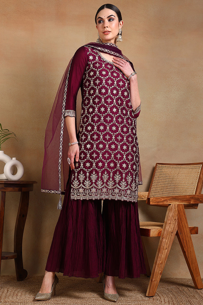 Silk Blend Purple Embroidered Straight Kurta Sharara With Dupatta PKSKD1873