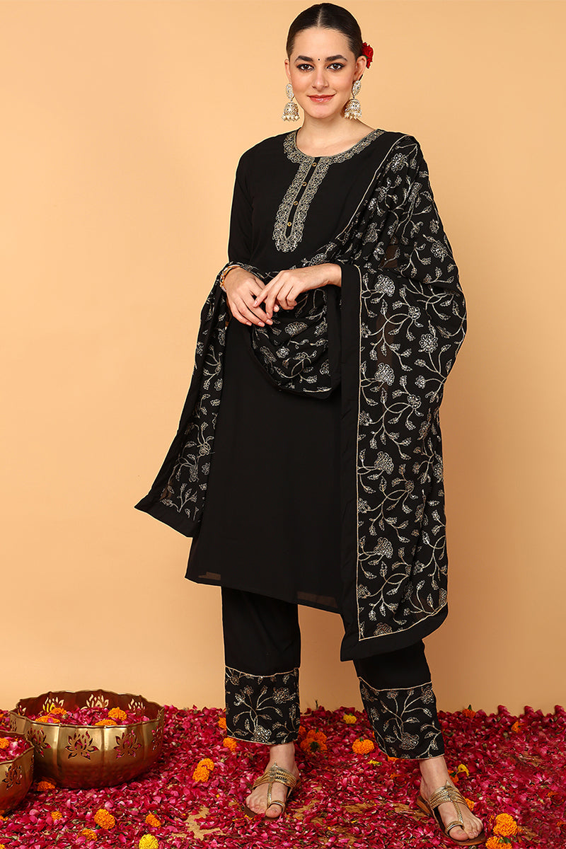 Black Poly Georgette Solid Embroidered Straight Suit Set PKSKD1875