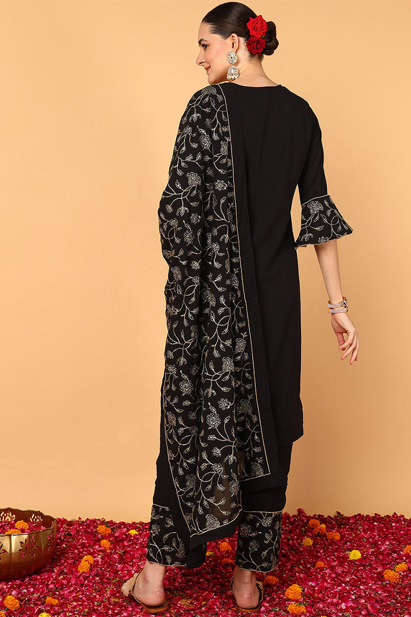 Black Poly Georgette Solid Embroidered Straight Suit Set PKSKD1875