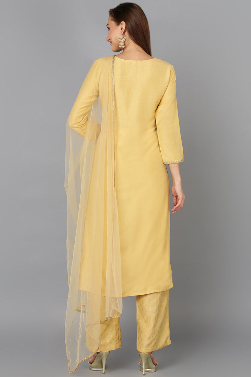 Flaxen Yellow Silk Blend Embroidered Festive wear Suit Set PKSKD1878