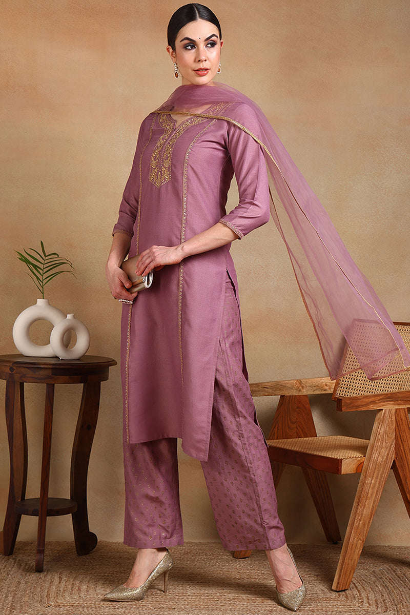 Lilac Silk Blend Embroidered Festive wear Suit Set PKSKD1879